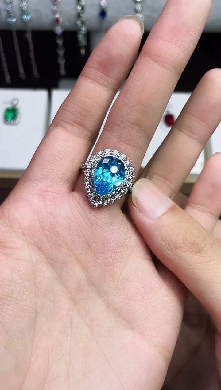 合金合成钻石海蓝水滴戒指