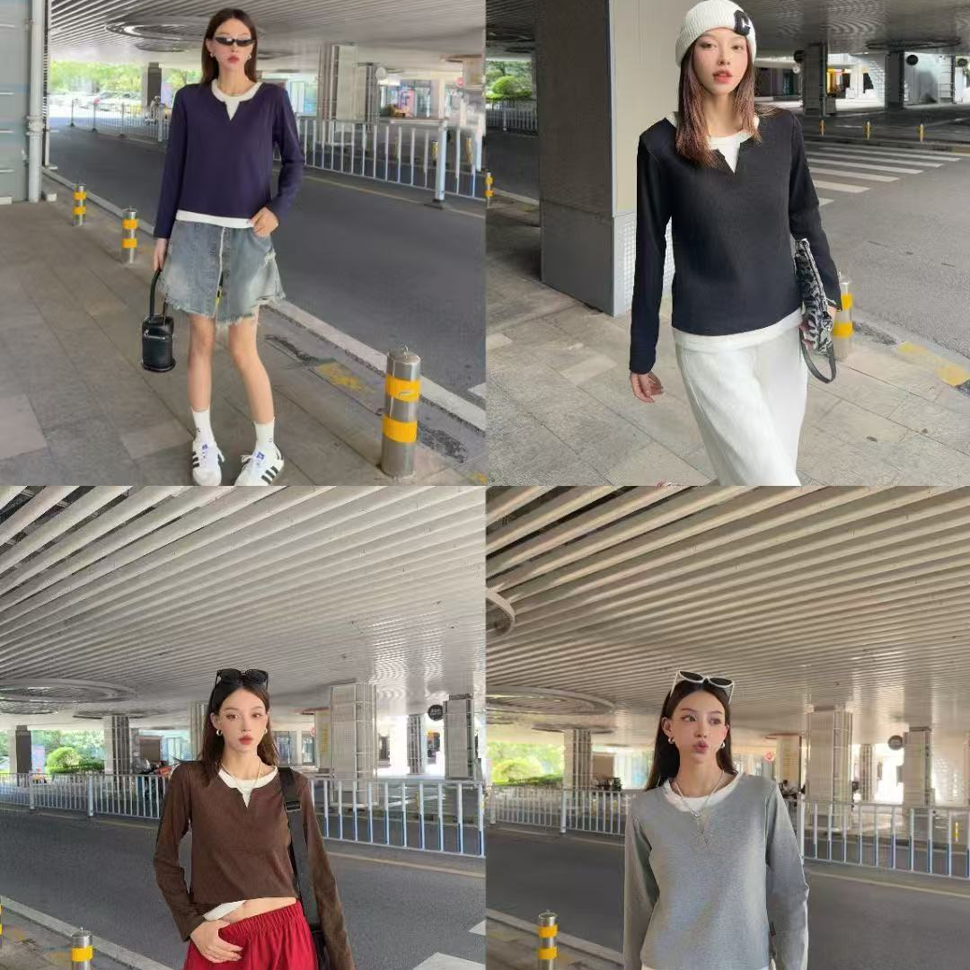 欧式学院风慵懒风长袖拼接V领T恤秋冬打底衫显瘦宽松
