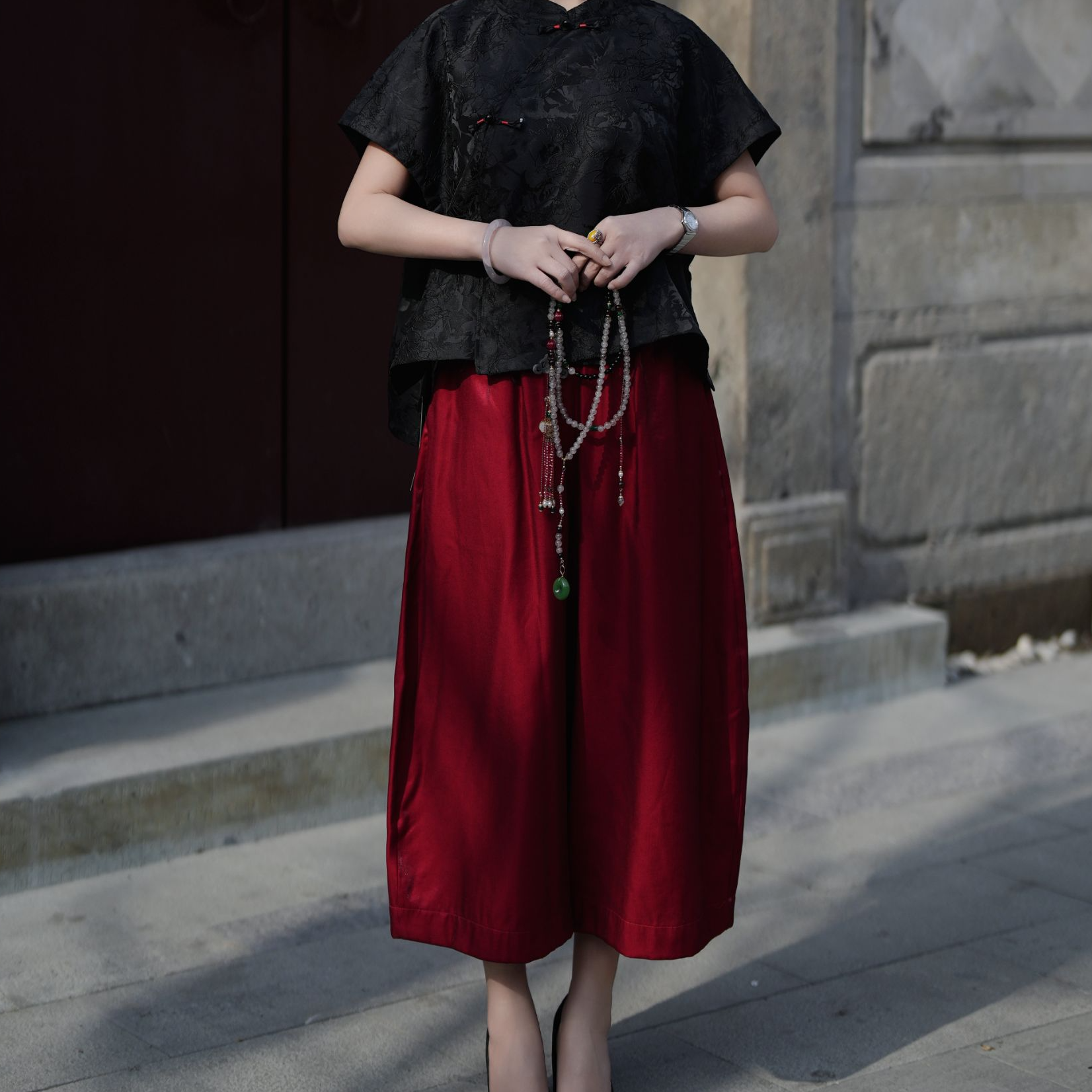 K001A【花灿人生】新款春季裤子红色洋气时尚百搭气质黑色设计师款