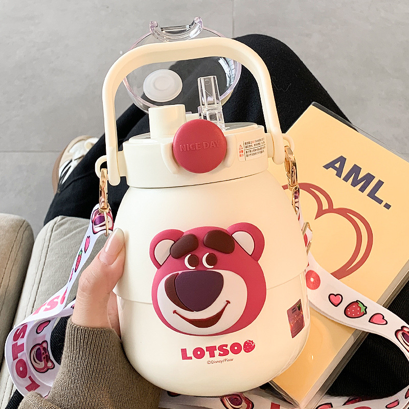 草莓熊保温杯大容量316不锈钢水杯女高颜值带吸管双饮大肚杯子ins