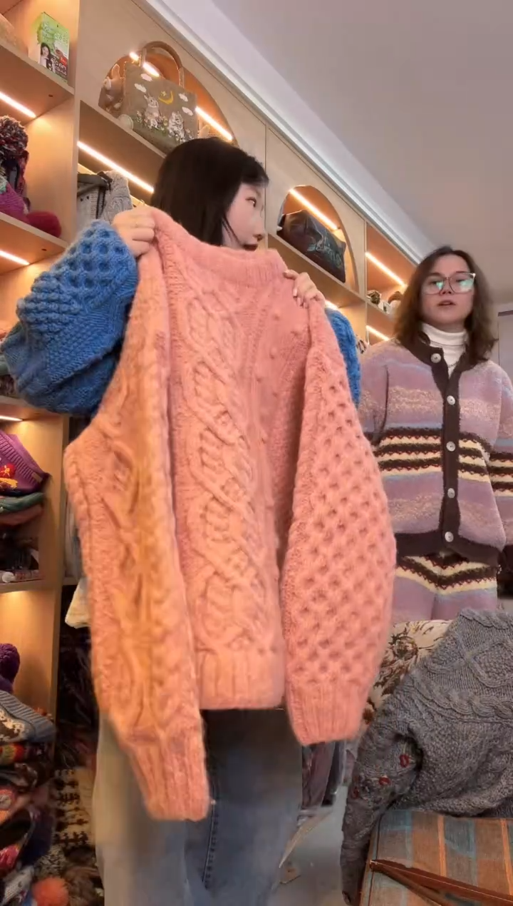 羊毛纯手工粉色毛衣