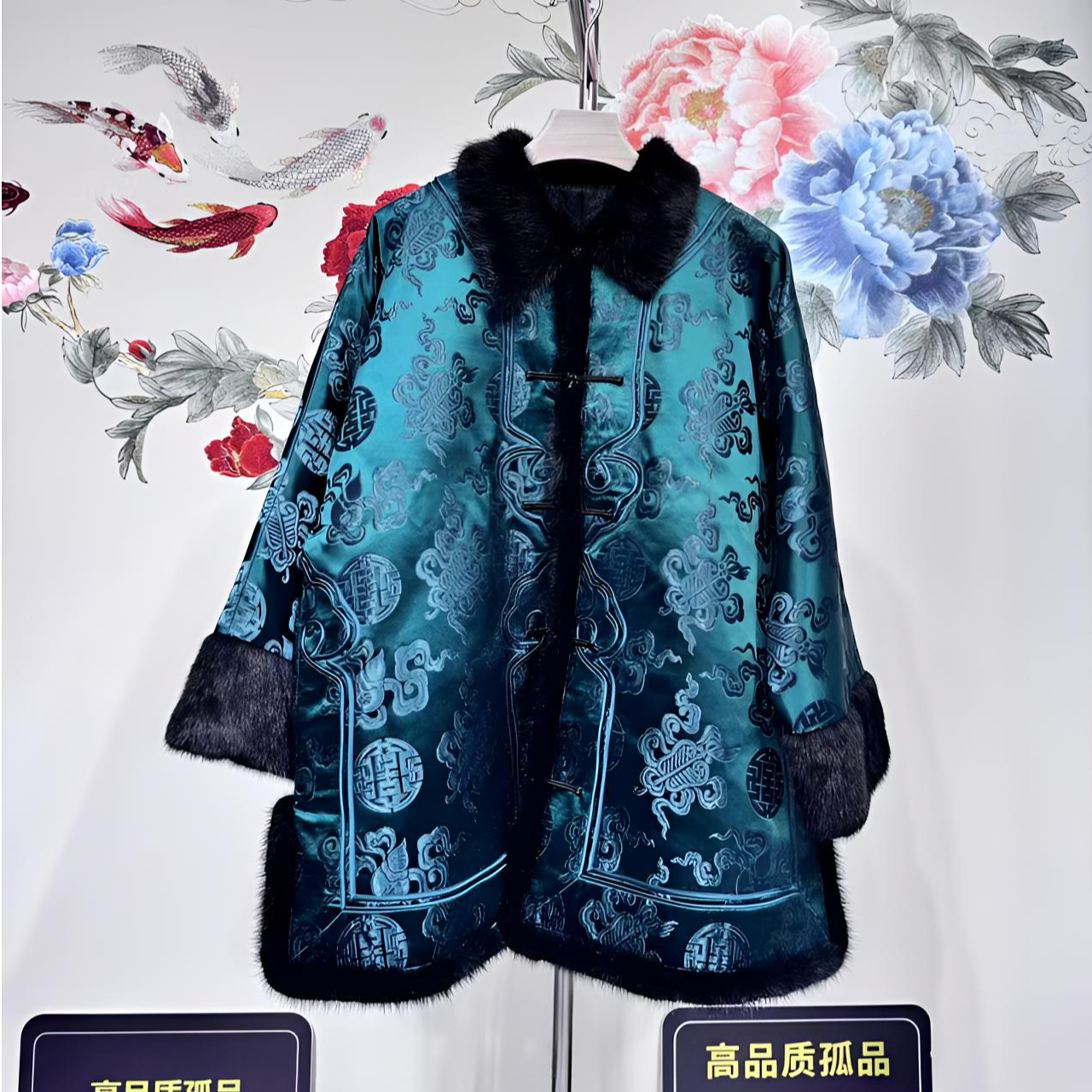 非遗传承高品质新宋锦厚款水貂毛包边衬衫领直襟冬季太太服