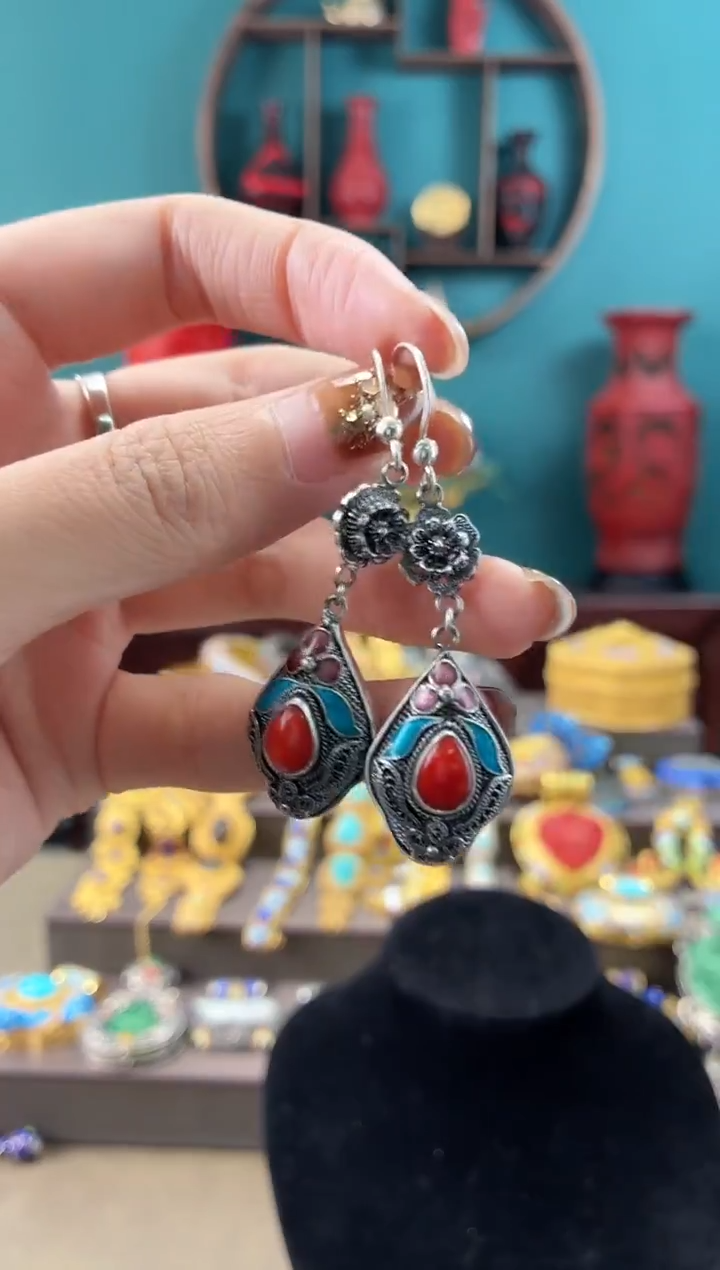 非遗手工花丝镶嵌耳环