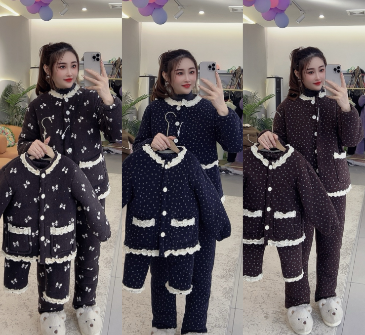 冬季新款花边领印花睡衣俩件加绒加厚保暖家居服套装8008