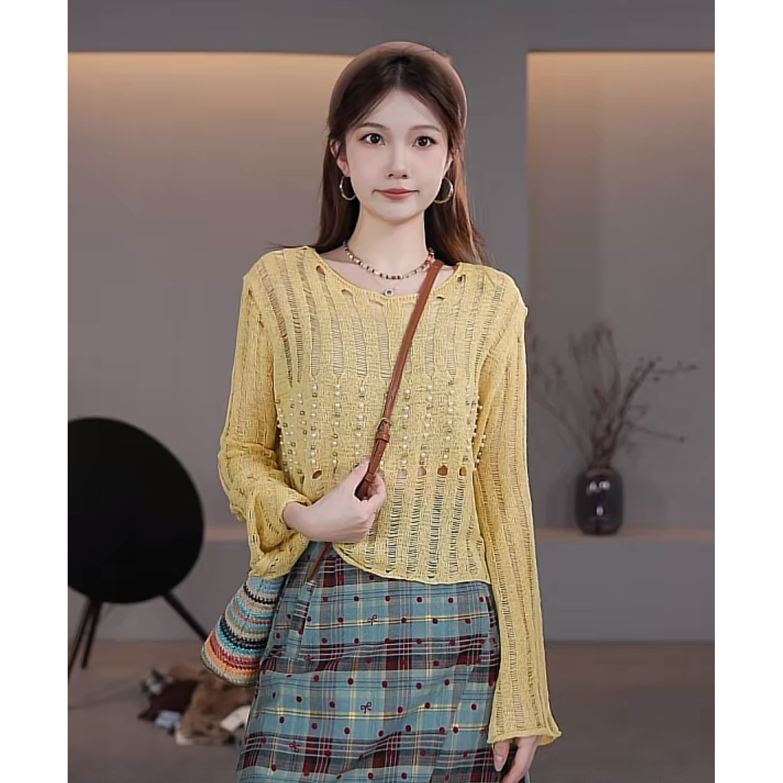 【LIbaibai】2025年早秋新款长袖镂空针织上衣BB-2600