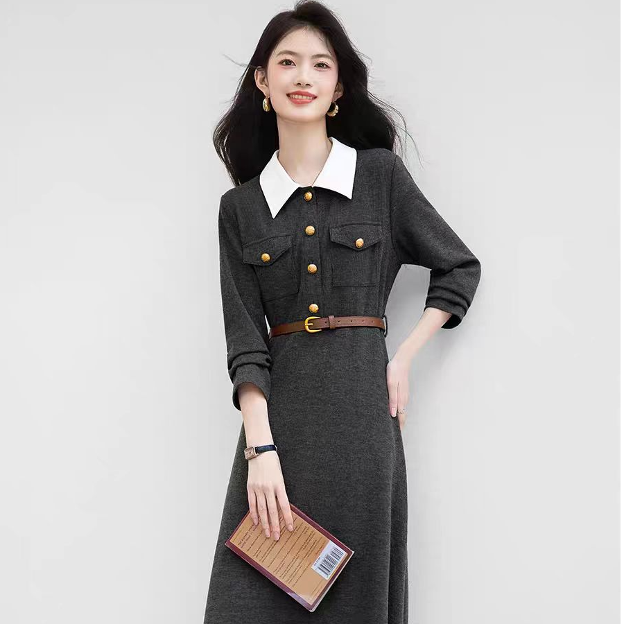 法式赫本风翻领连衣裙秋季新款时尚收腰显瘦撞色POLO领中长裙1988