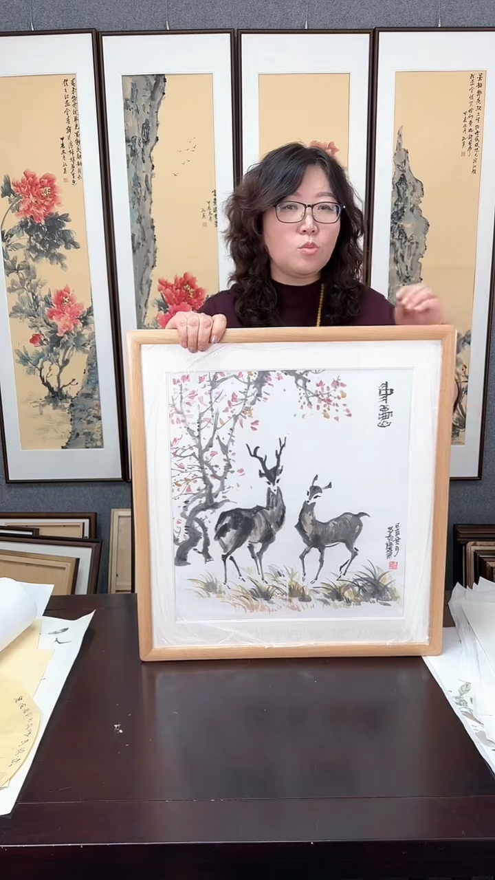 【闪购商品】国画实木装裱中鹿图63*63