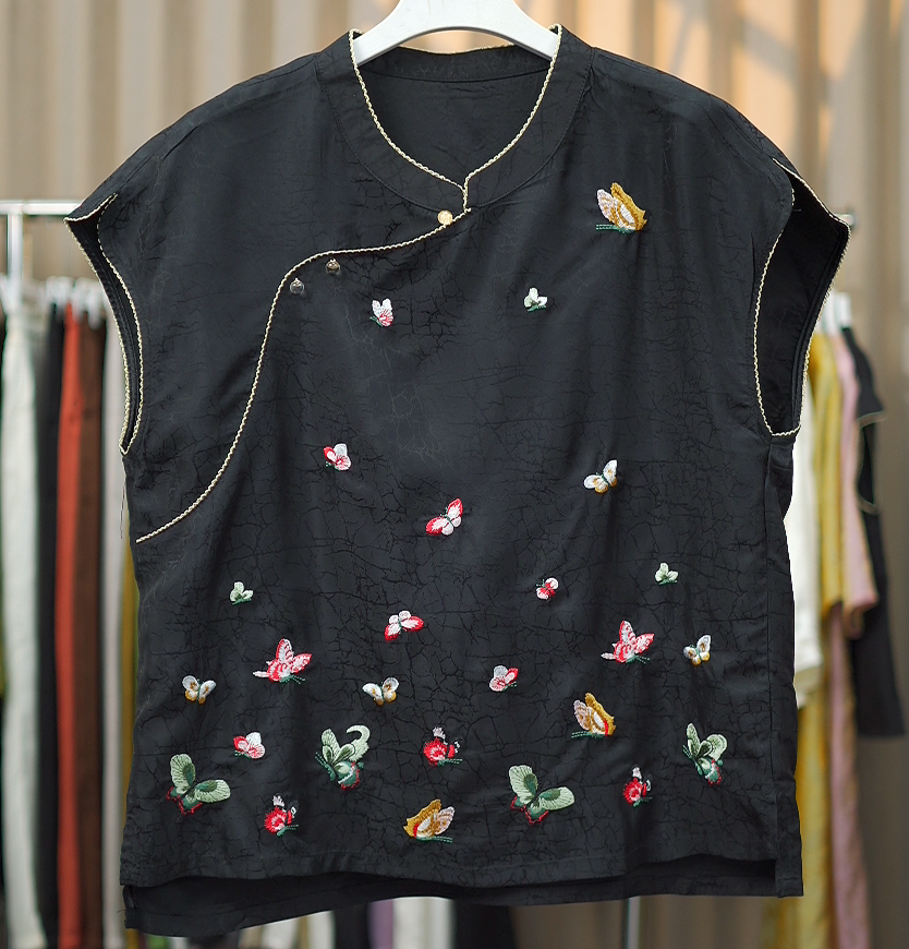 【彩蝶】顺德老料显瘦减龄老钱风女士精品刺绣龟裂纹上衣0109