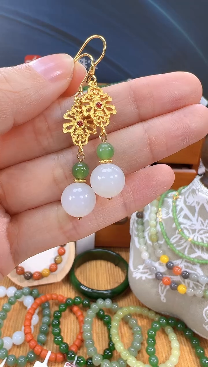 银S925镶嵌和田玉耳饰多样性拍一发一cg