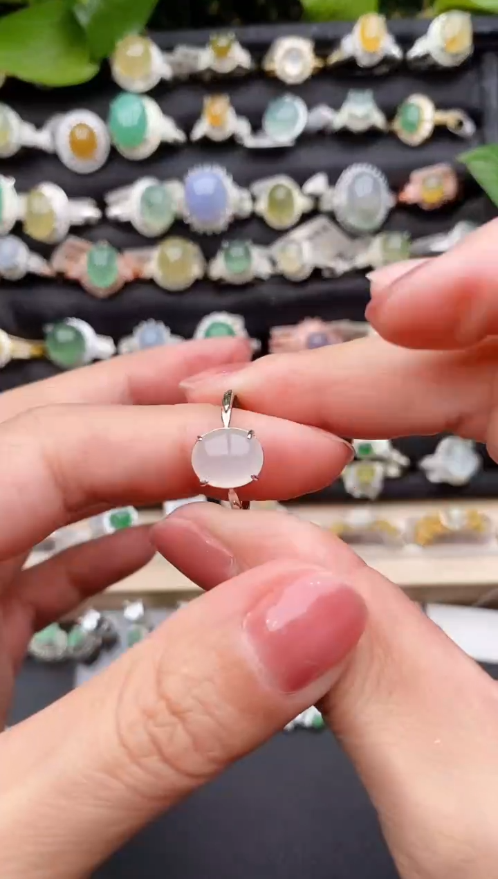 【闪购商品】翡翠戒指银S925镶嵌缅甸天然A货翡翠44   7-