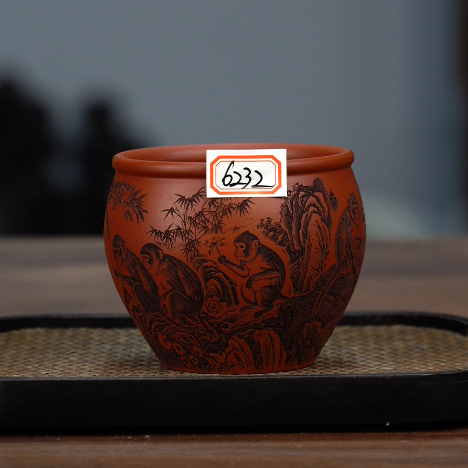 6232 紫砂茶具大红袍刻绘猴子主人杯160cc左右YY