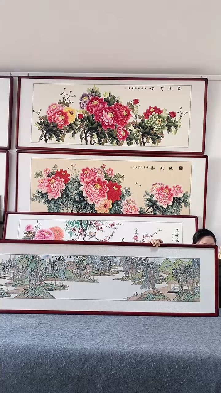 国画纯手绘国画165*50带框装饰挂画