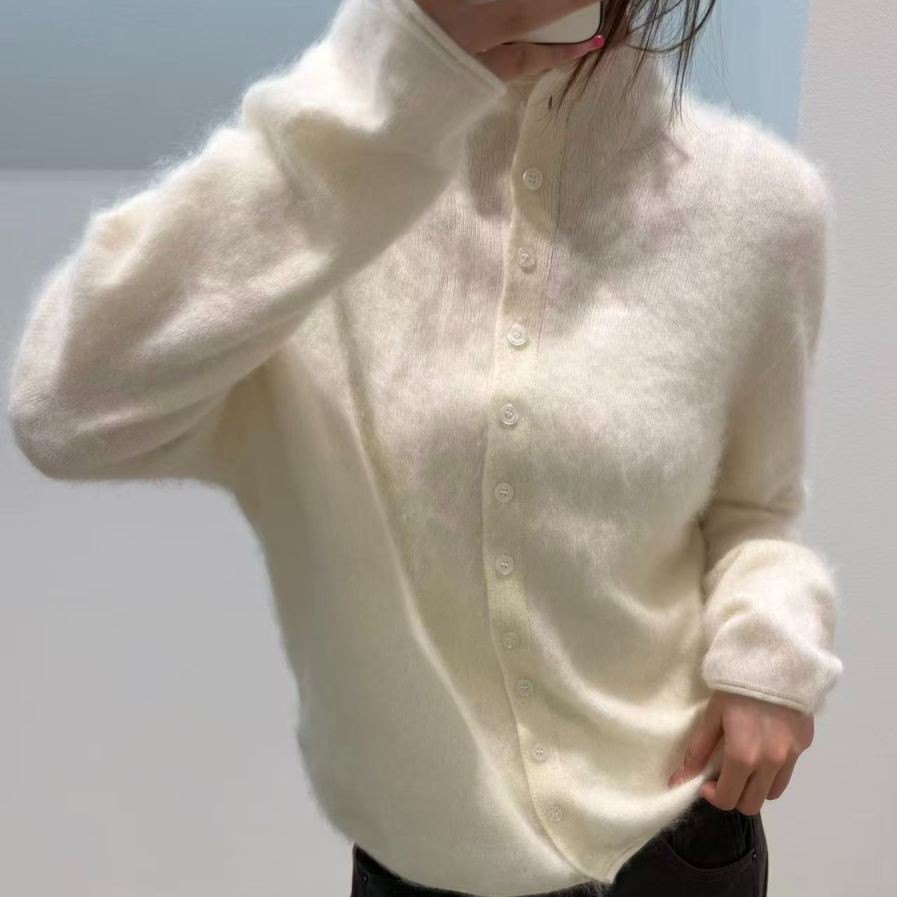 羊毛拉绒半高领开衫宽松休闲针织百搭毛衣外套