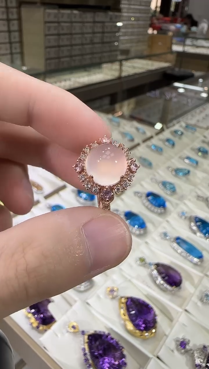 银S925镶嵌戒指芙蓉石星光粉水晶10mm