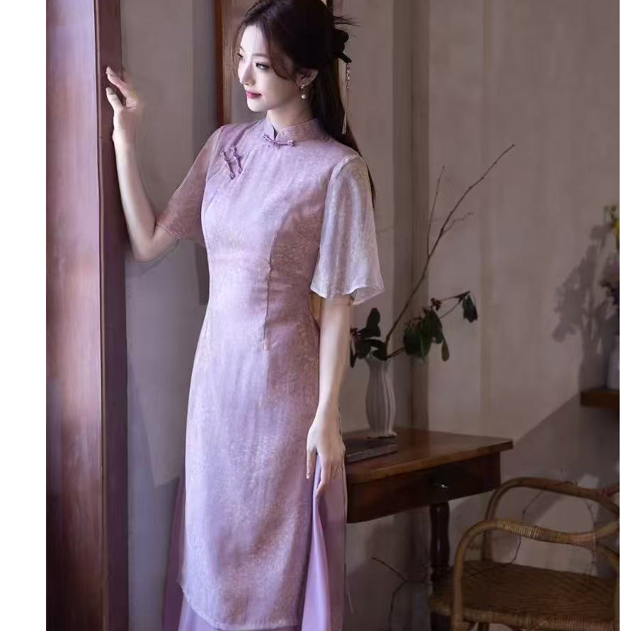 宋宋中式 2025春季新款气质优雅年轻紫色淑女倒大袖改良奥黛旗袍