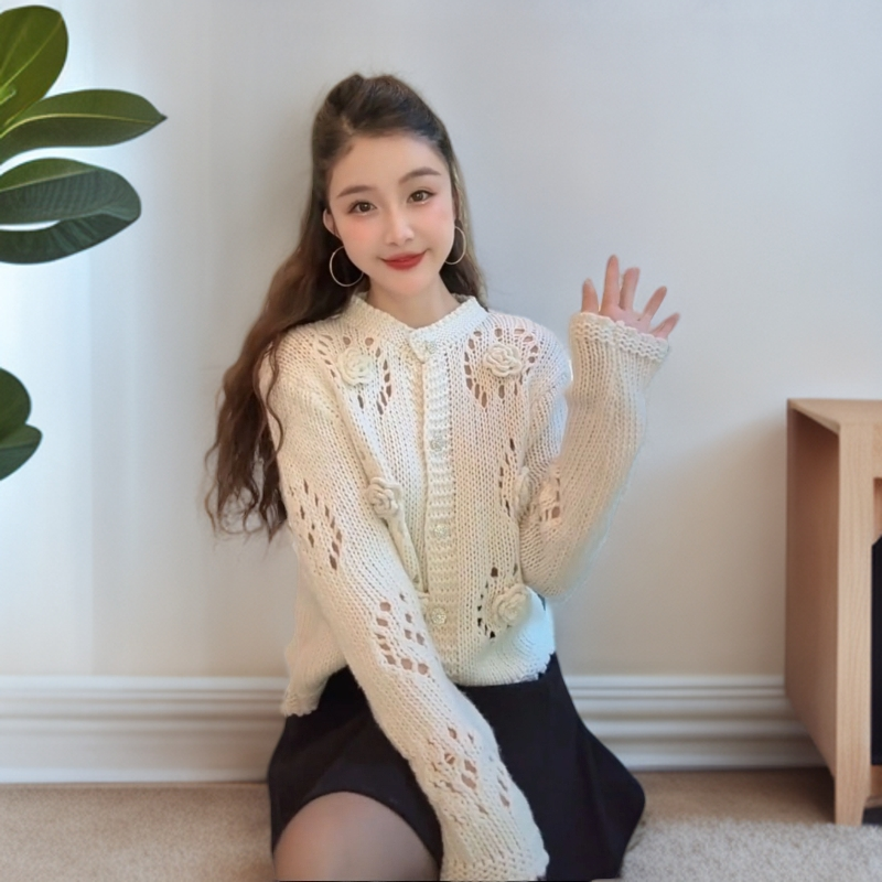 秋冬镂空小心机立体花朵针织衫小众温柔软糯甜美针织外套YY71826