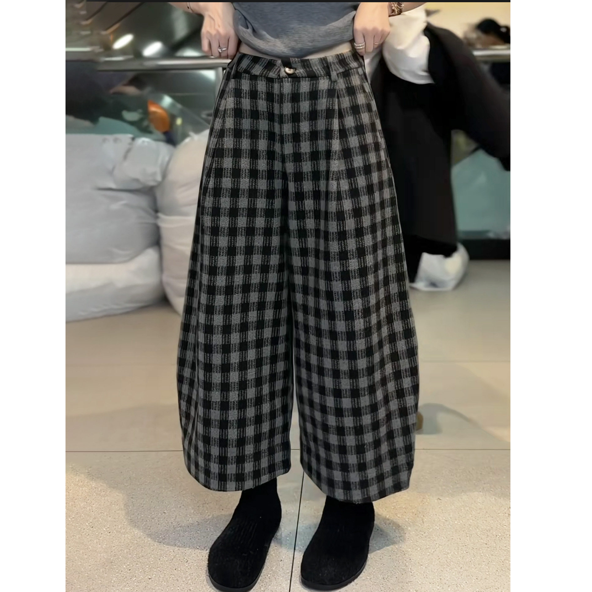 88909 韩冬加绒洋气复古格子毛呢阔腿裤女宽松显瘦九分气球休闲裤