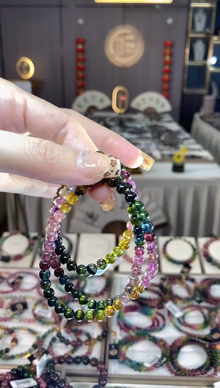 未镶嵌老矿碧玺色标彩虹三圈手串5mm+碧玺dan多样性发货一条