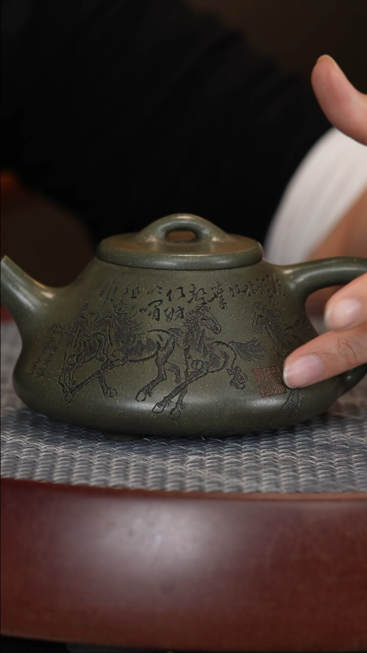 【闪购商品】紫砂茶壶可心雪华绿泥子冶石瓢八骏画徐小阳花器对杯