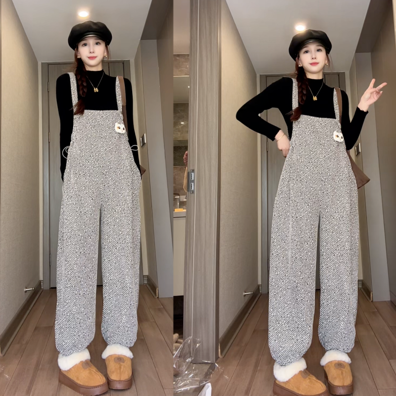 孕妇背带裤秋冬款加绒加厚条纹束脚连体裤子上衣针织孕妇装秋冬装