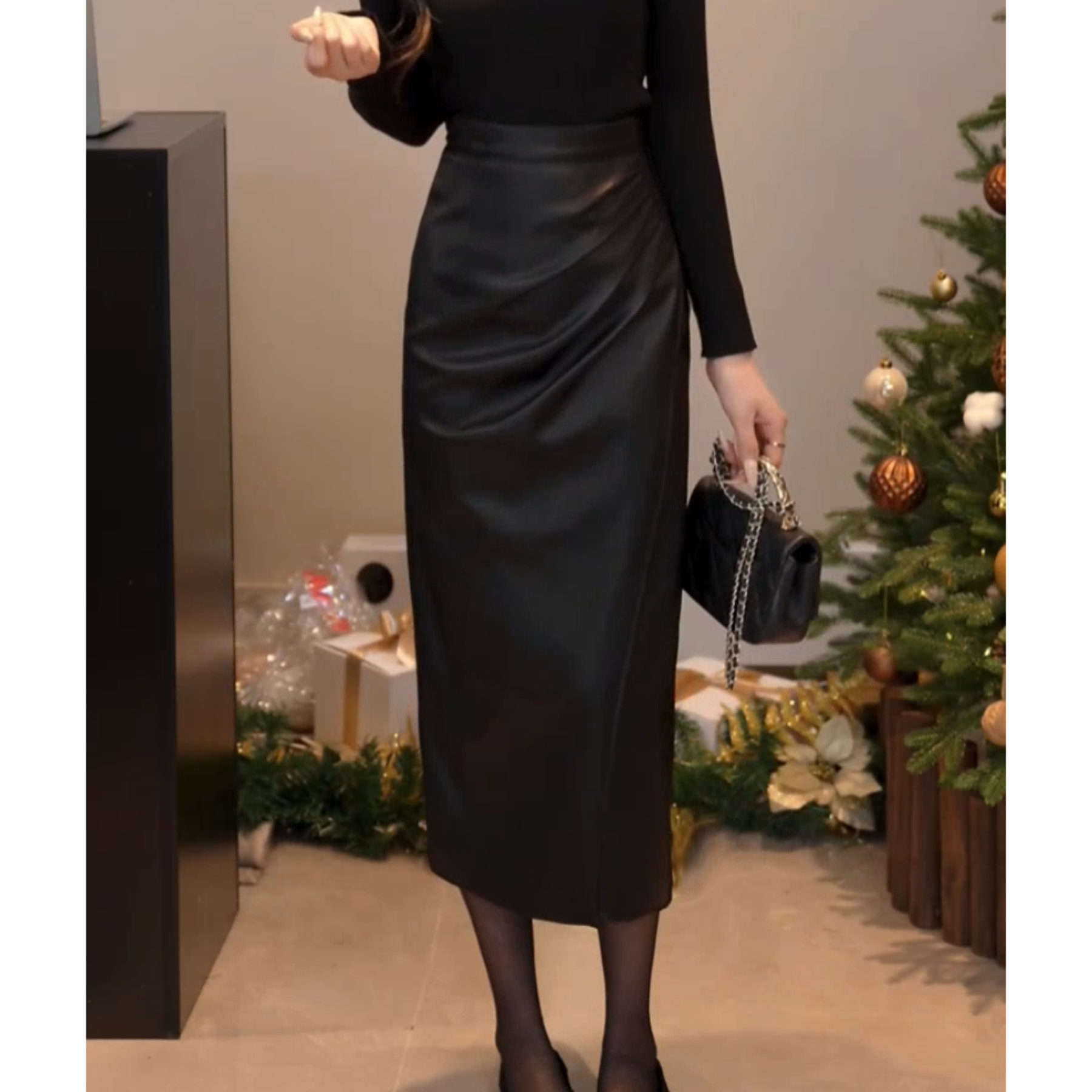 YUANLIANSU/圆脸酥【禁忌魔法】秋冬PU皮裙褶皱开叉包臀显瘦半身裙