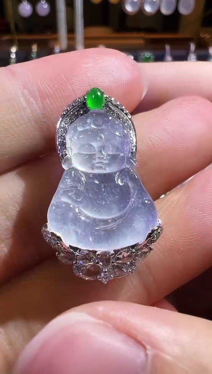 【闪购商品】翡翠吊坠(赠链)18K金镶嵌玻璃种极光白宝宝佛吊坠