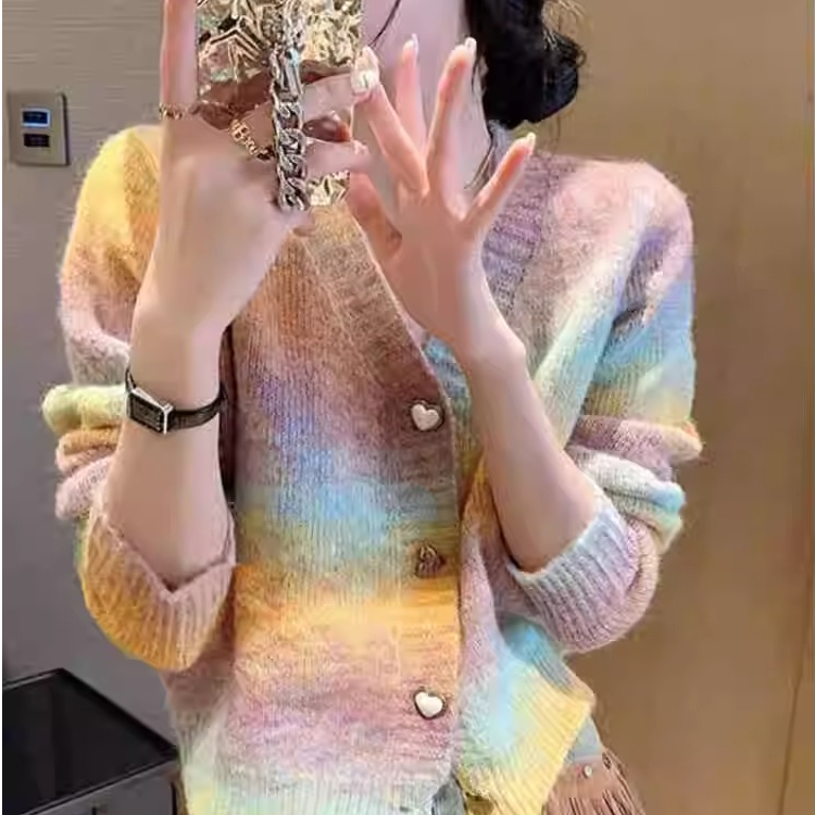 高级感渐变色毛衣女秋冬2025新款爆款设计感小众针织开衫外套上衣