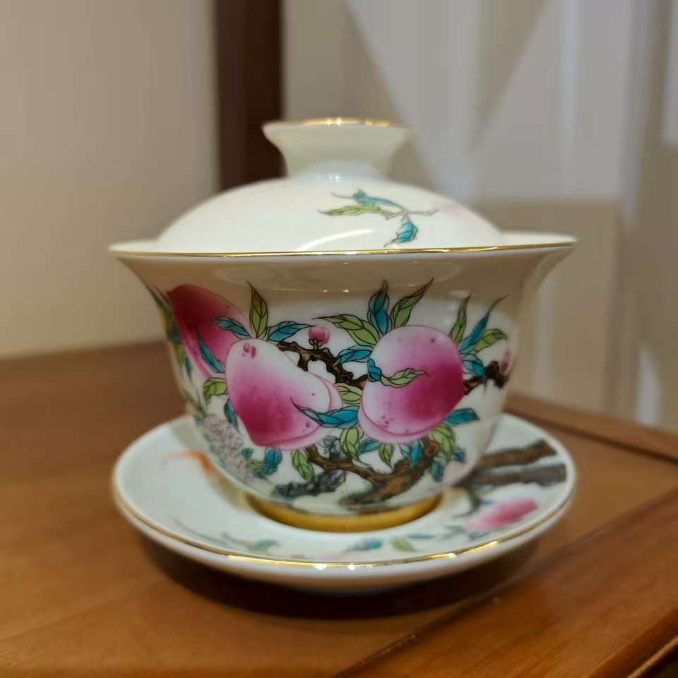 珐琅彩复古九桃五福功夫盖碗家用品茗主人杯复古茶具