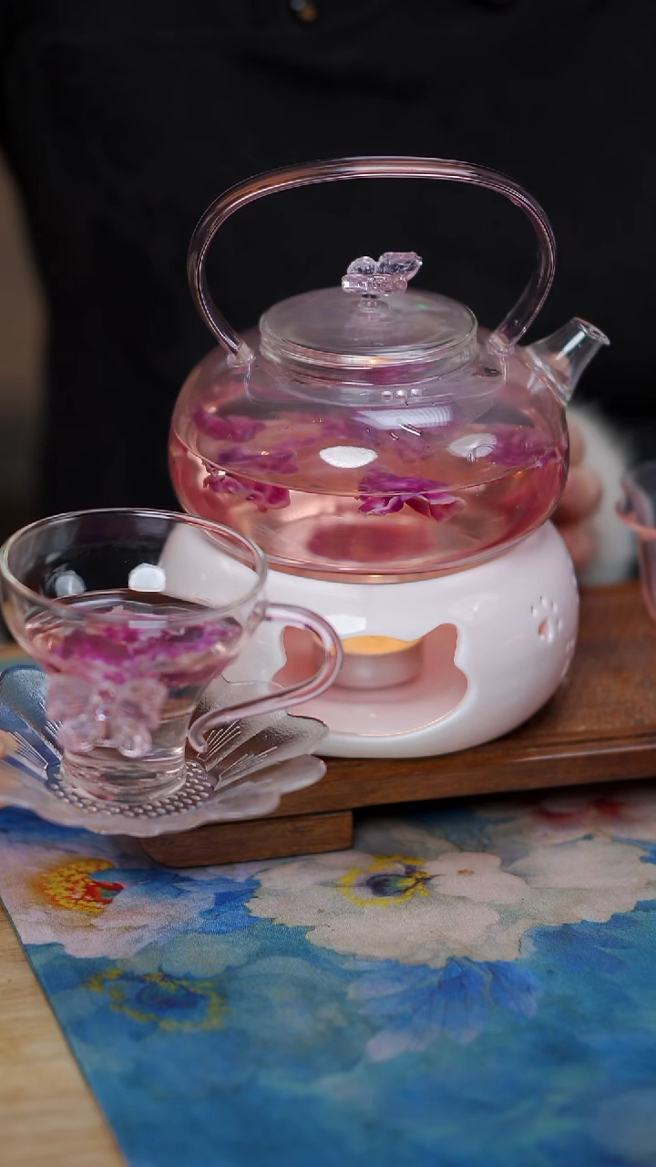 粉色 蝴蝶 提梁壶+温茶炉+杯子 