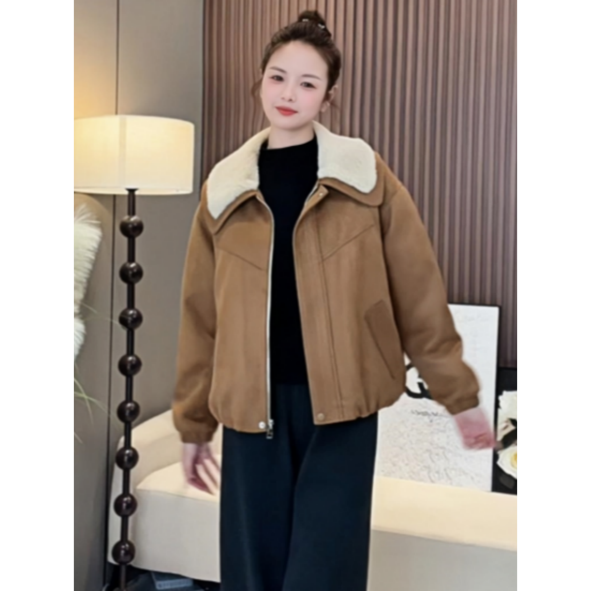 大码麂皮绒外套女冬季新款宽松显瘦洋气上衣加绒加厚保暖翻领上衣