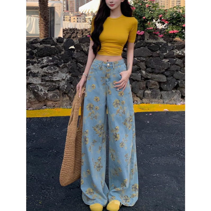 李李服饰春日浪漫黄碎花阔腿牛仔裤女2025春季高腰慵懒宽松堆堆裤