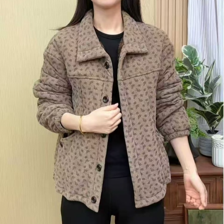 秋冬新款休闲加绒加厚灯芯绒碎花外套妈妈装保暖翻领显瘦棉袄