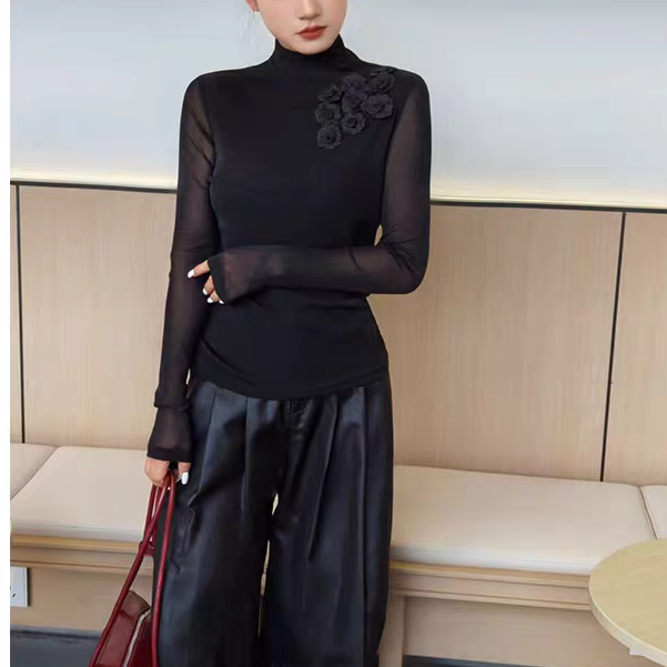 2025双层网纱百搭显瘦立体花朵长袖打底衫女T恤