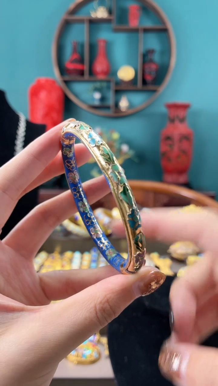 景泰蓝金地开口镯子57-62湖蓝