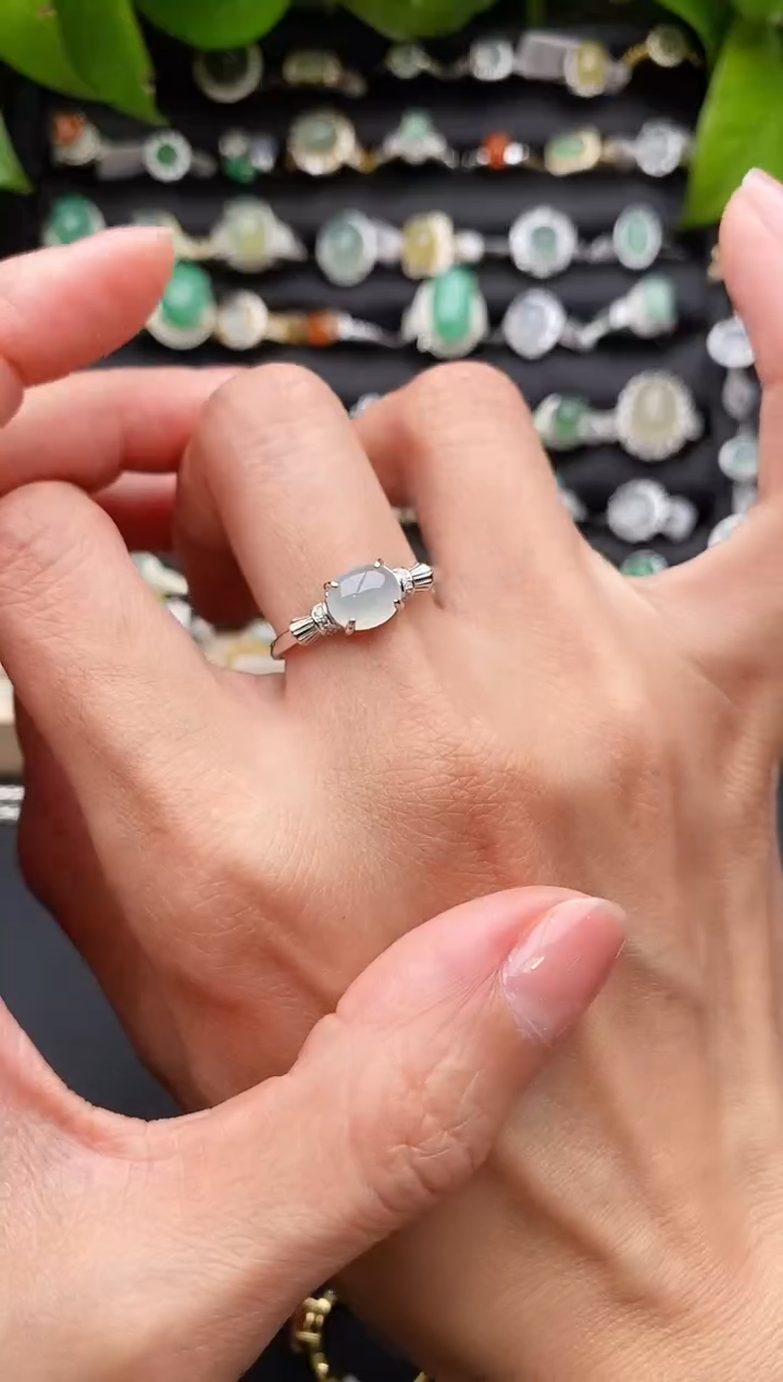 【闪购商品】翡翠戒指银S925镶嵌缅甸天然A货翡翠44   7-8