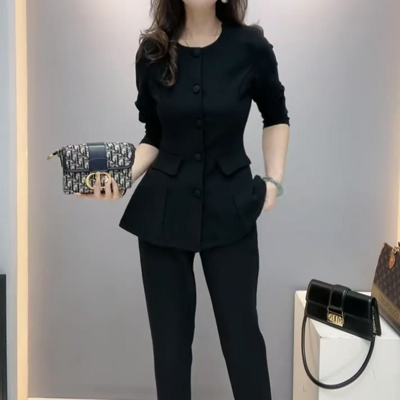 时尚套装百搭高腰韩版洋气黑色时尚春季休闲女神长袖圆领外套