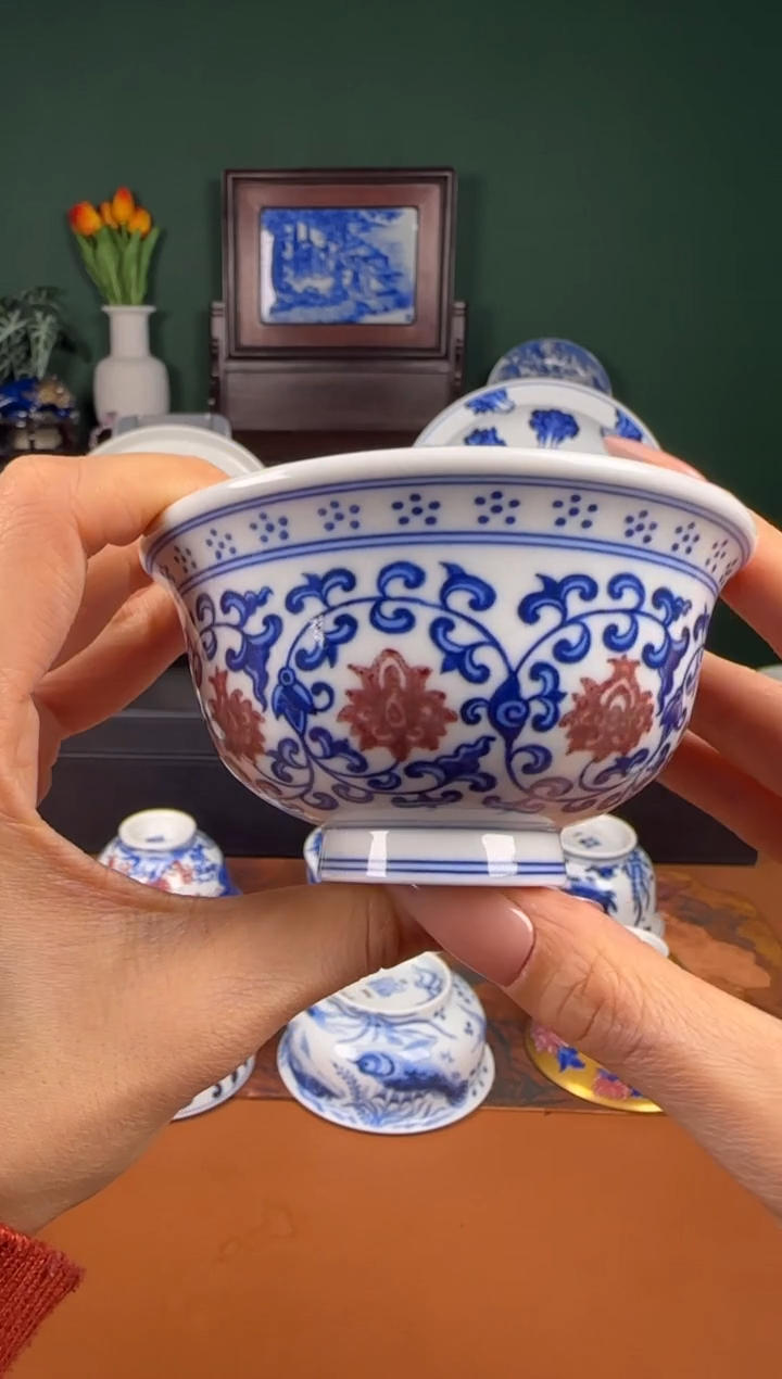 【闪购商品】杯福利  青花釉里红 缠枝莲 压手杯