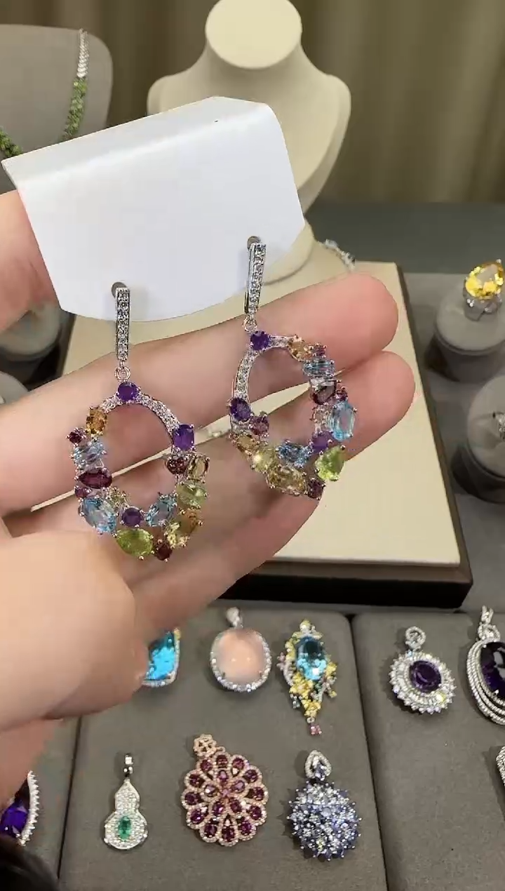 银S925镶嵌耳饰水晶多彩宝耳坠高级款