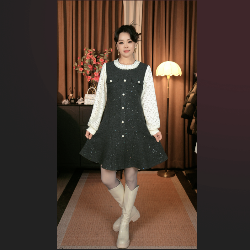 25x89针织法式气质圆领INS风连衣裙长袖套头中长裙女装
