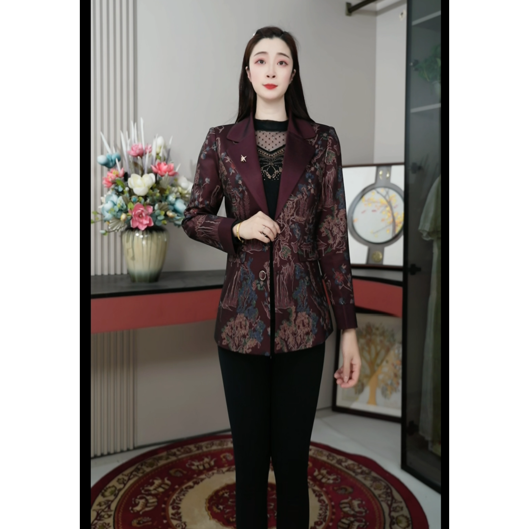 2509秋季新款时尚气质印花短外套显瘦修身西服领洋气上衣外套妈妈