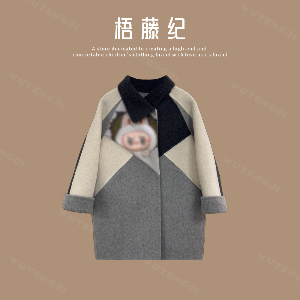 【阿布布】【纯手工羊毛大衣】童装撞色拼接卡通图案翻领外套25DY086