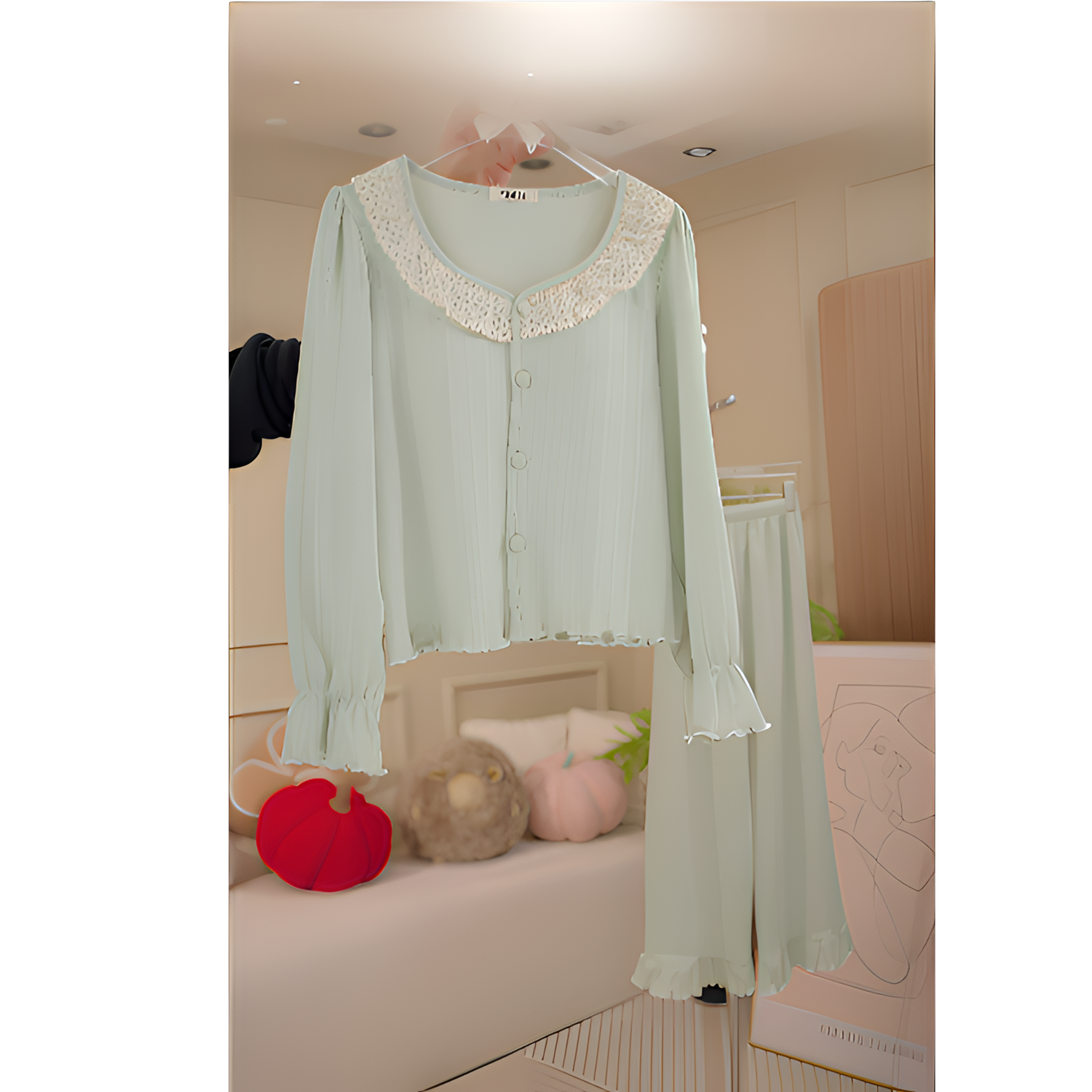 【花边套装】UV领公主风法式纯棉氨纶提花蕾丝长袖春季宽松气质睡衣