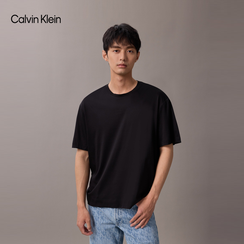 CK Jeans25早秋新款男士休闲通勤纯棉圆领纯色针织短袖T恤