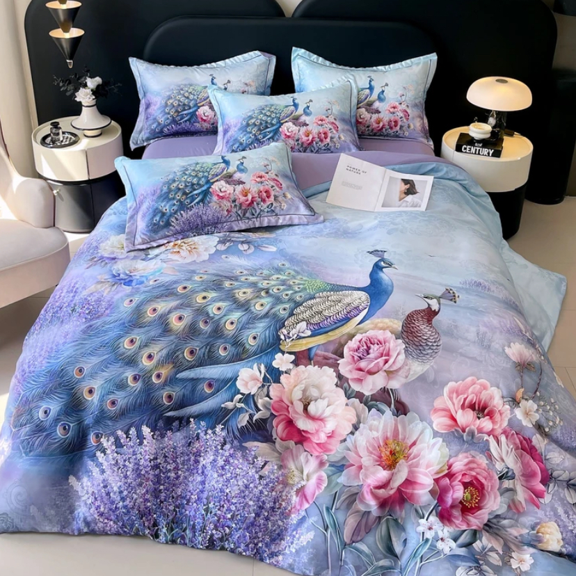 【周董秋冬甄选】欧式贡缎提花轻奢四件套牡丹孔雀图-q