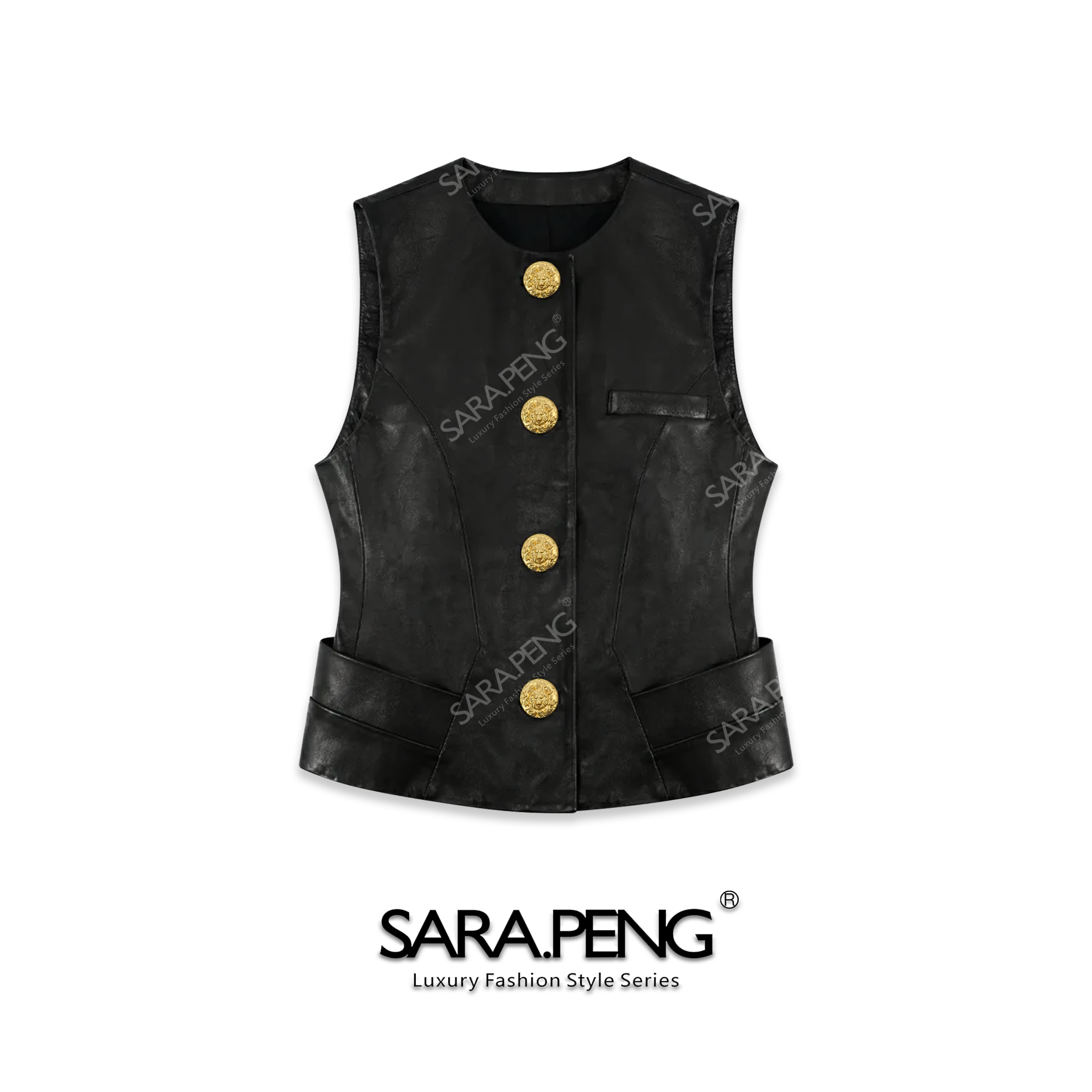 SARA.PENG层次叠影｜重工金属扣高级哑光羊皮真皮马夹｜1D168427