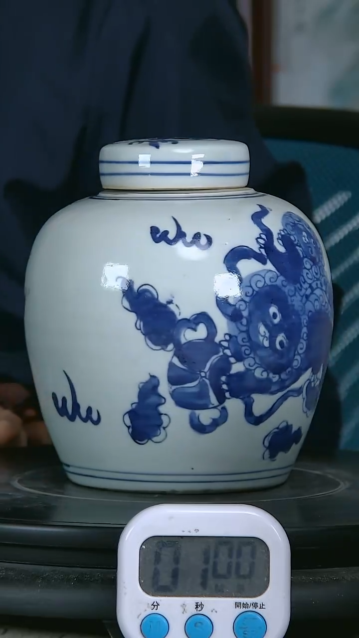 陶跨**手青花精绘动物图罐