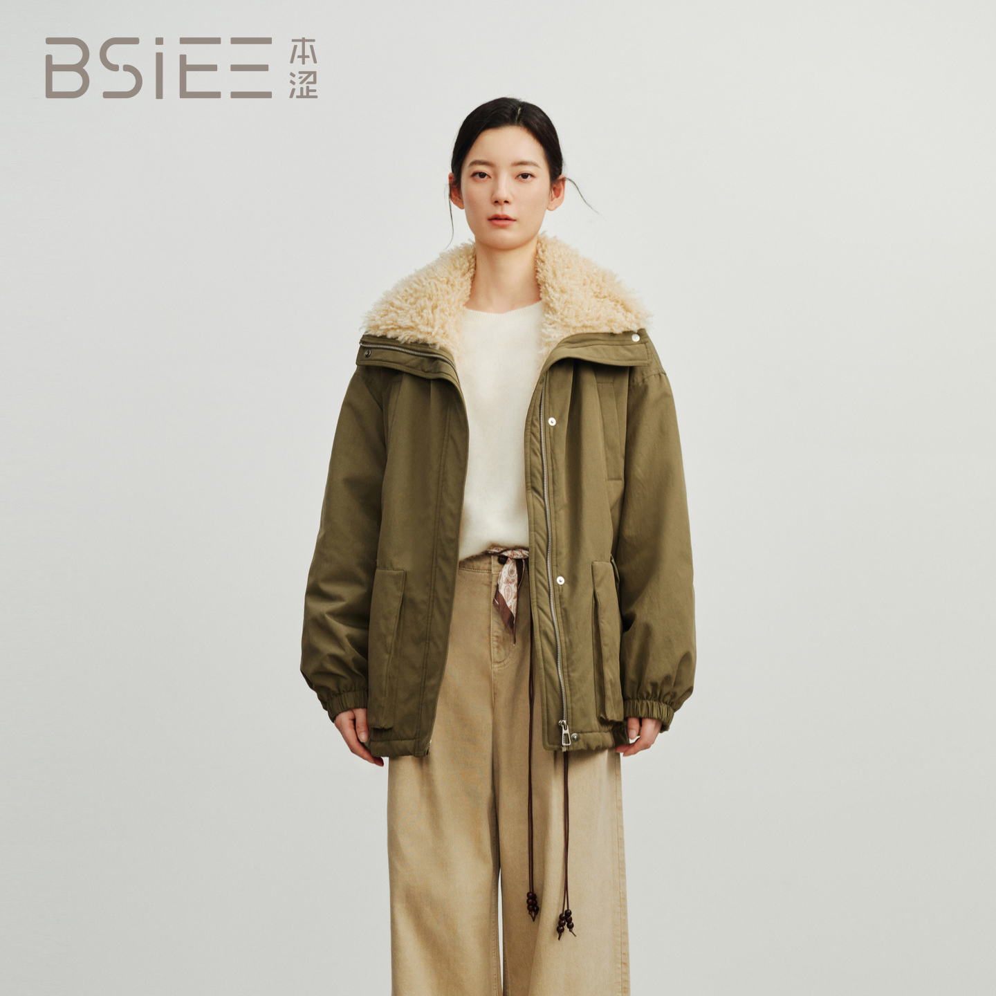 本涩拼接派克ins冬季宽松型百搭翻领短款羽绒服外套