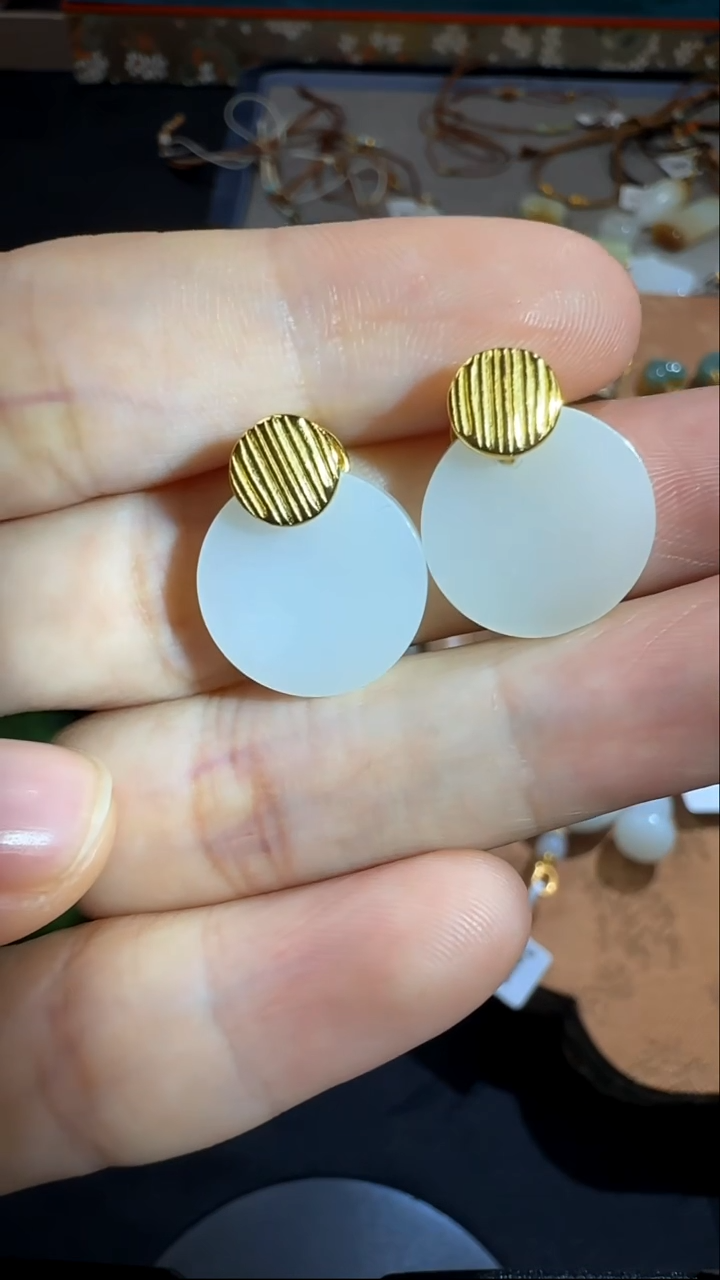 银S925镶嵌和田玉耳饰和田玉白玉掉吊坠