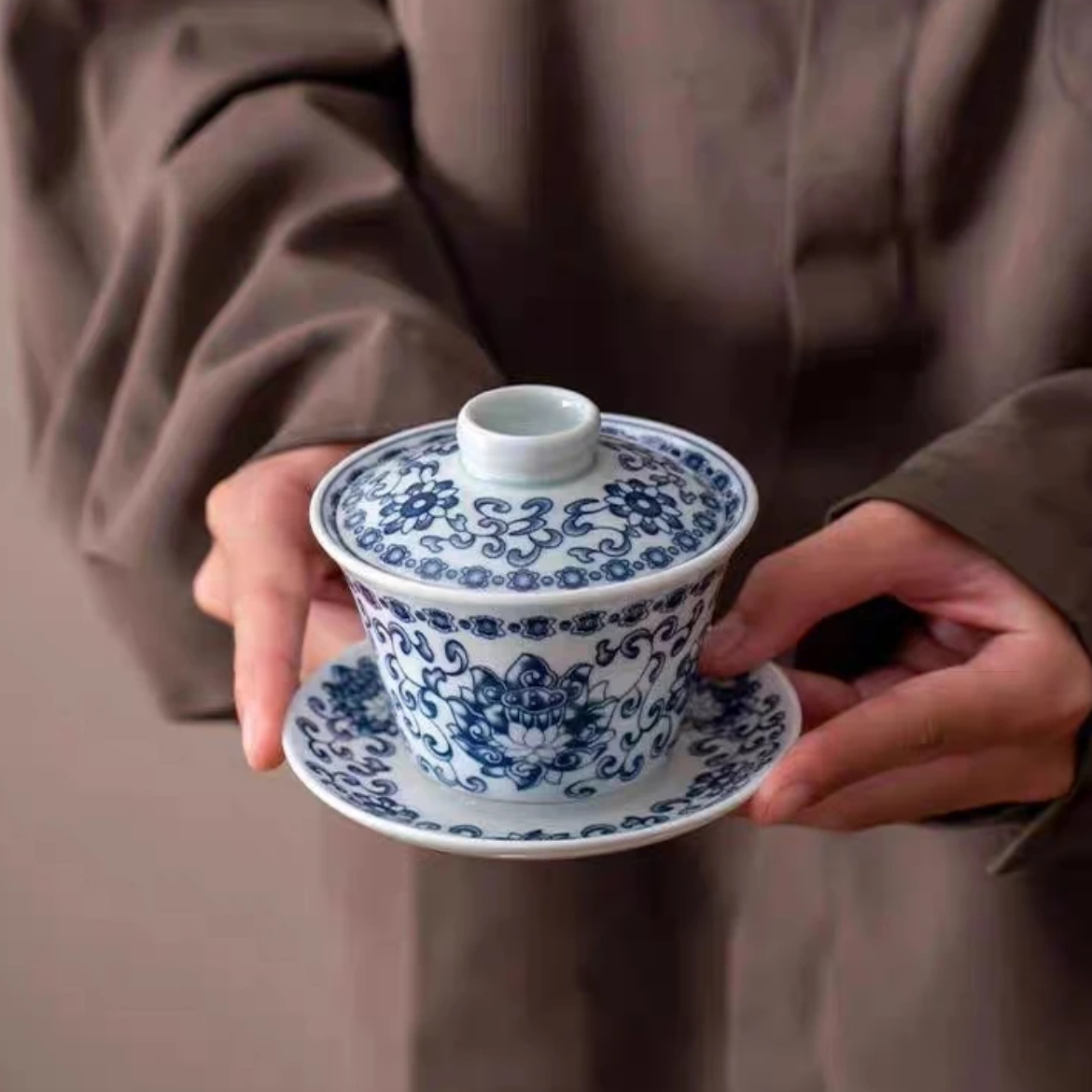 博艺茶具 青花缠枝莲/蝶恋花悬停盖碗家用泡茶三才盖碗-4444
