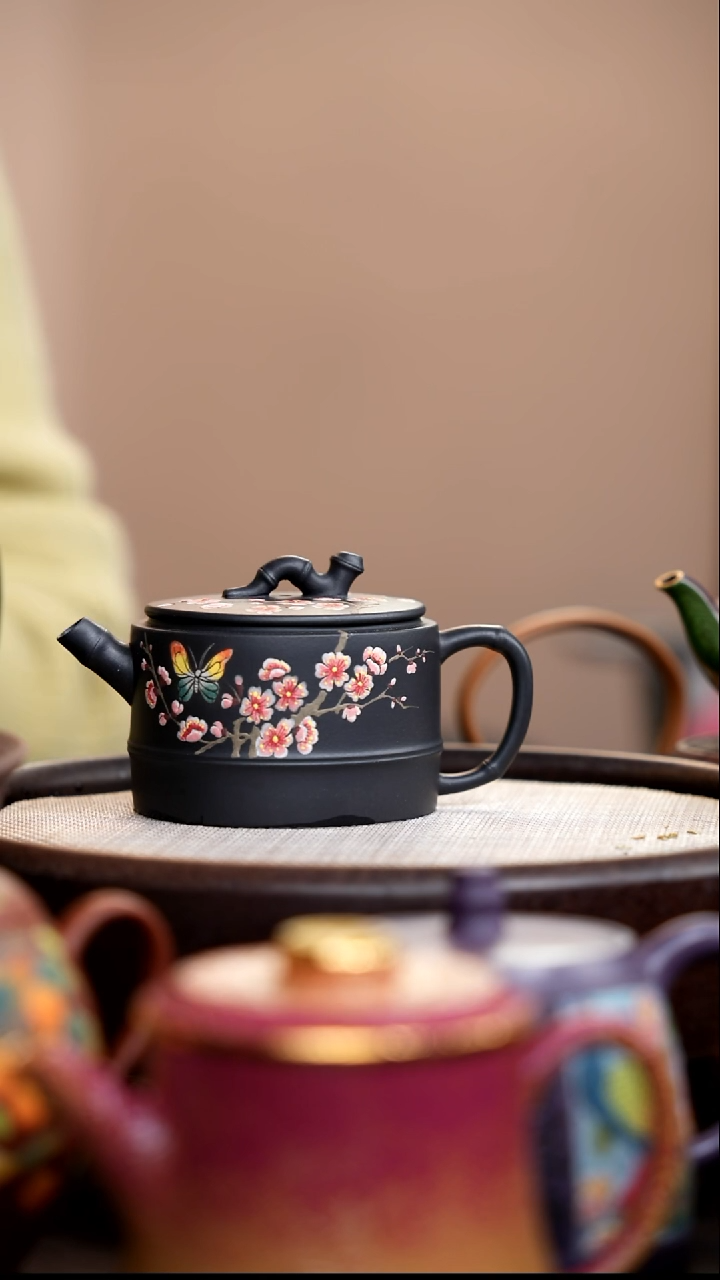茶壶紫砂云雾天青竹节泥绘蝴蝶桃花